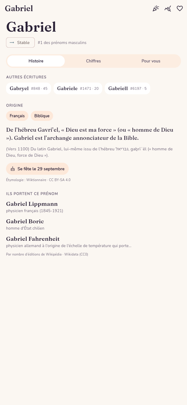 Fiche du prénom Gabriel dans l'application Son petit nom, avec origine et popularité