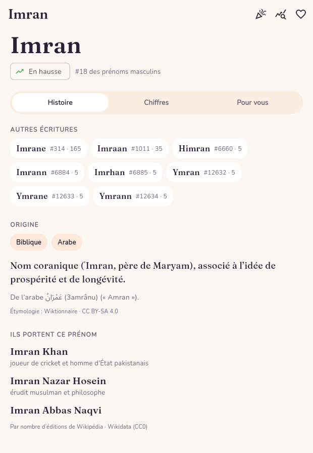 Fiche du prénom Imran dans l'application Son petit nom : origine arabe, signification et popularité INSEE