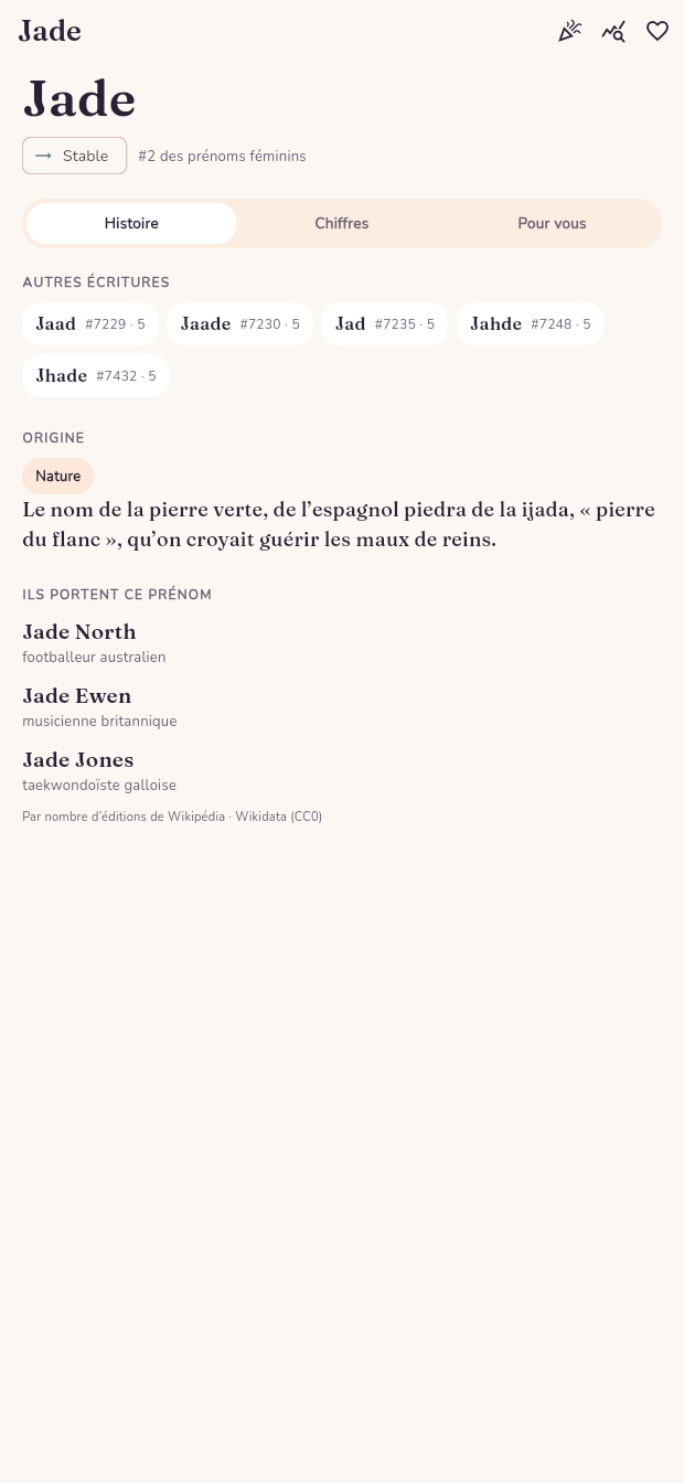 Fiche du prénom Jade dans l'application Son petit nom, avec sa popularité