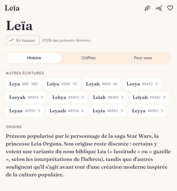 Fiche du prénom Leïa dans l'application Son petit nom, mentionnant la princesse Leia Organa de Star Wars