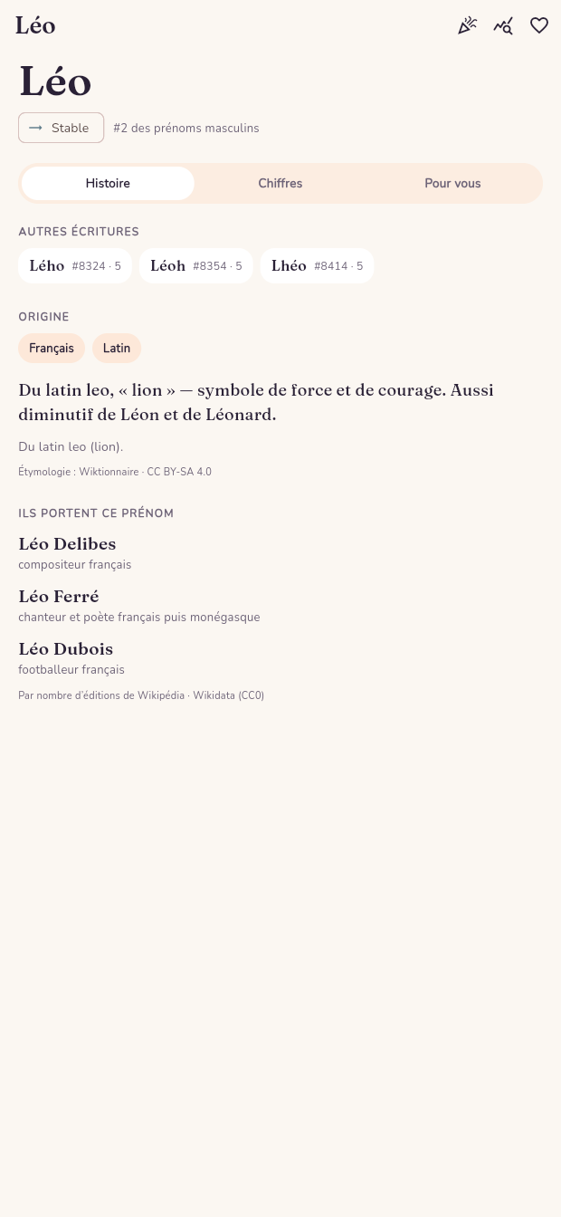 Fiche du prénom Léo dans l'application Son petit nom, avec origine et popularité