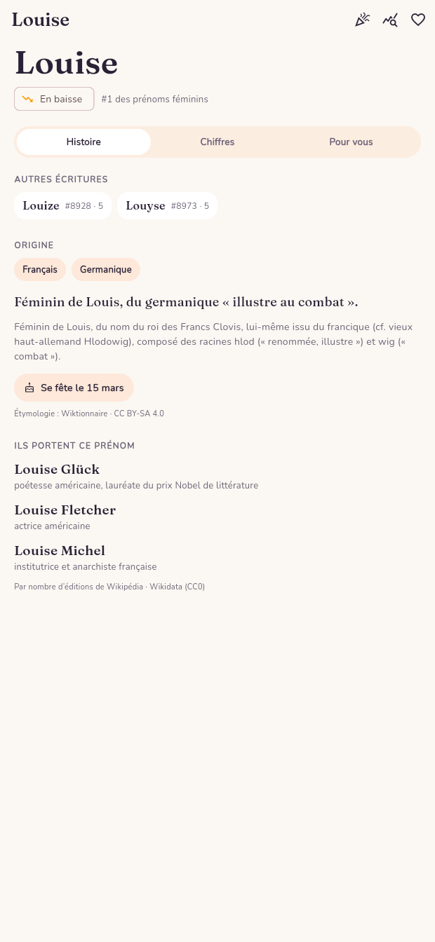 Fiche du prénom Louise dans l'application Son petit nom, avec origine et popularité