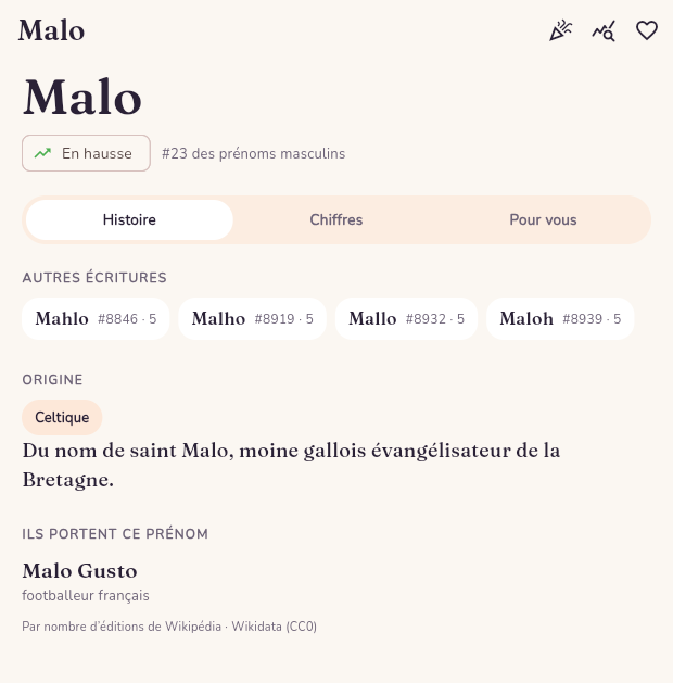 Fiche du prénom Malo dans l'application Son petit nom : origine bretonne, popularité et courbe INSEE