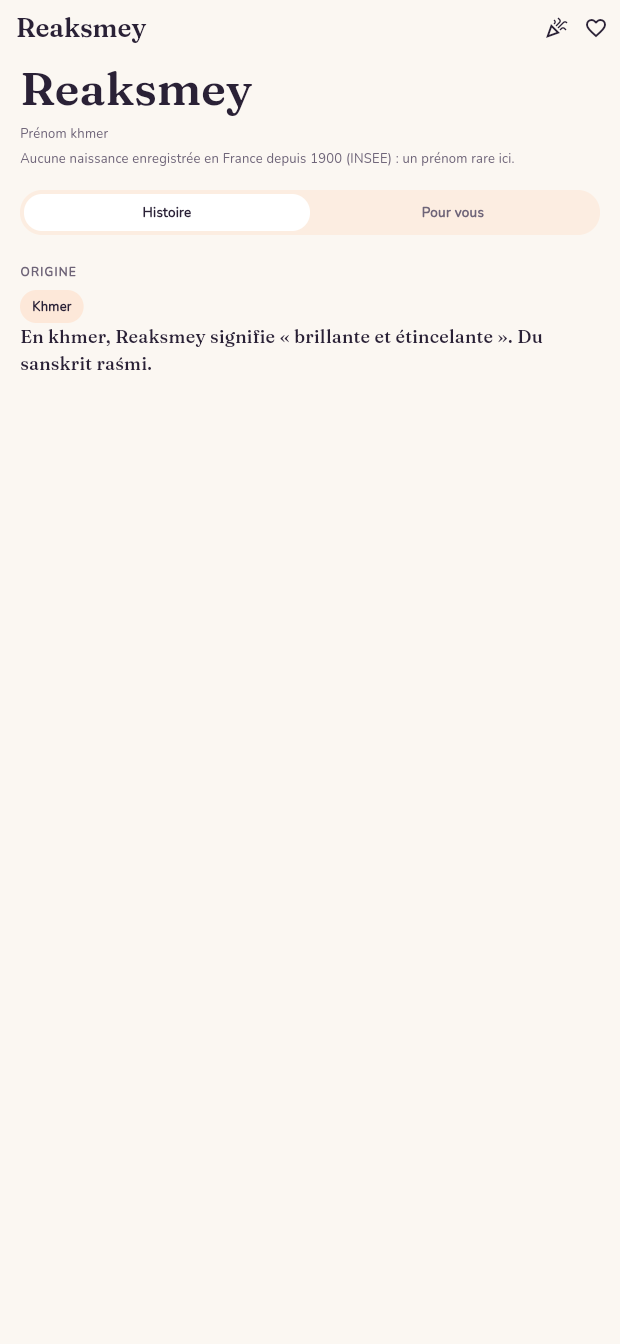 Fiche du prénom khmer Reaksmey dans l'application Son petit nom, avec sa signification