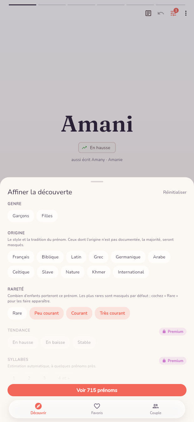 Panneau de filtres de l'application Son petit nom : genre, origine, rareté, tendance et syllabes