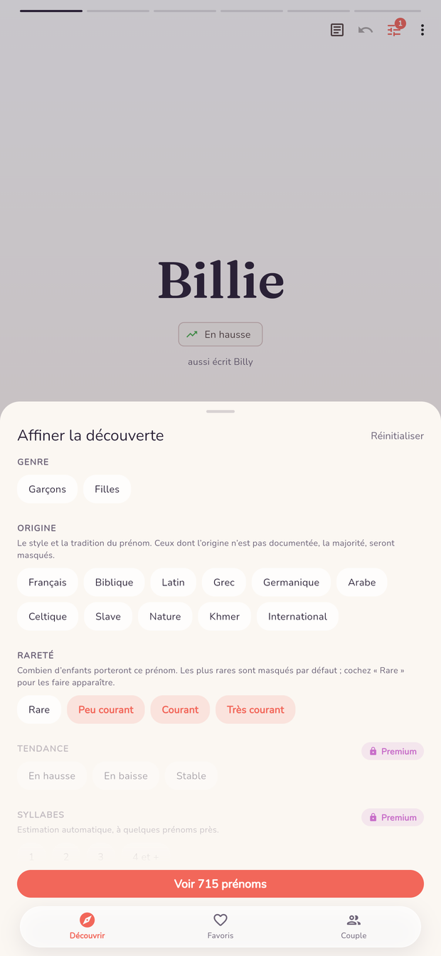 Filtres : genre, origine, rareté et tendance